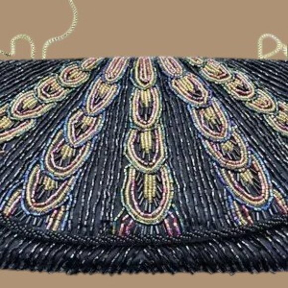 Vintage La Regale Ltd Beaded Peacock Tail Evening Bag Crossbody Gold Chain - Picture 2 of 7